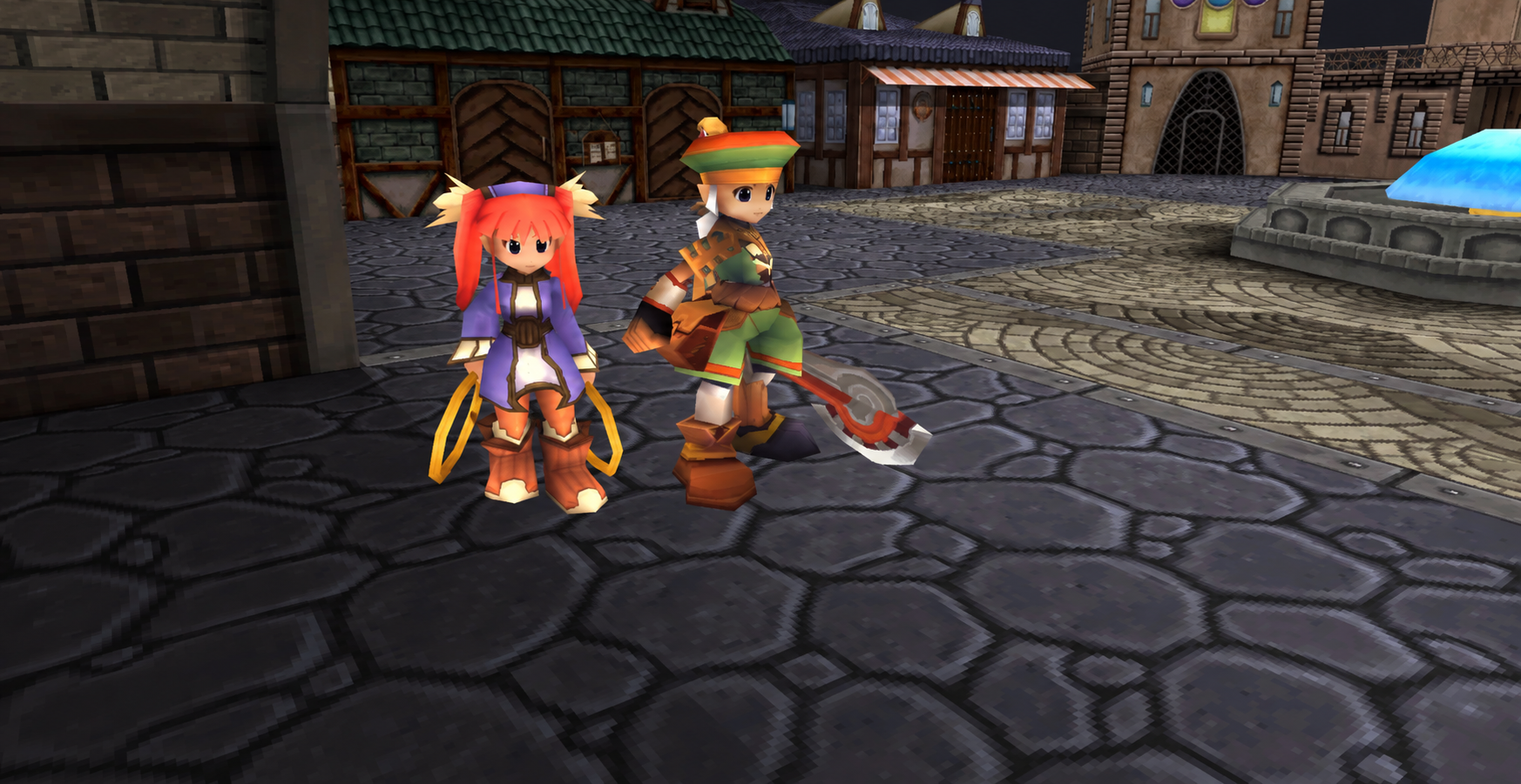 Rue and Mint facing the camera together in Carona’s town square