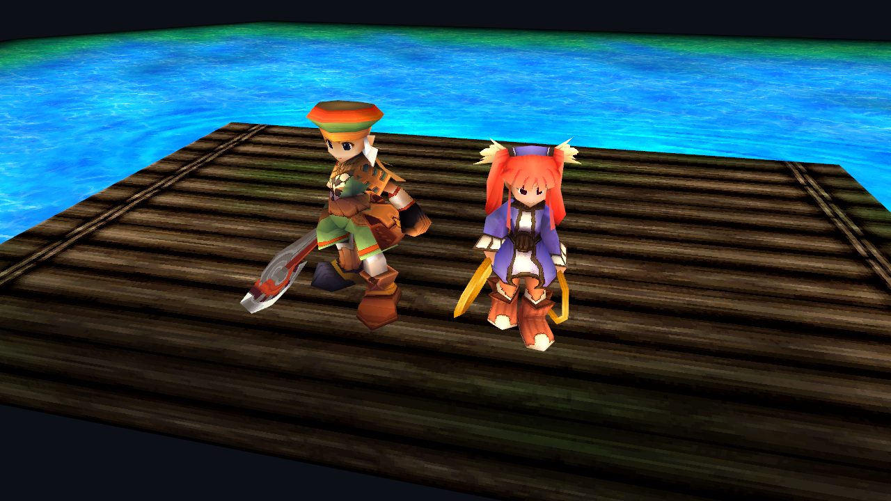 Rue and Mint together on the wooden raft in the Guardian boss arena